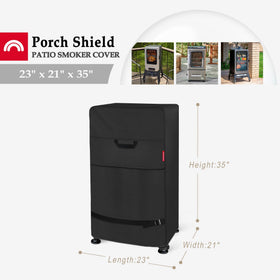 Porch Shield side view showing snug fit for 30-inch smokers with wind resistance.