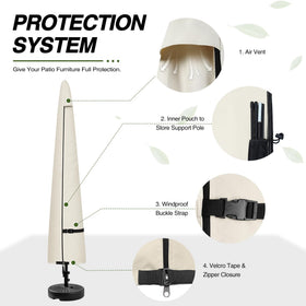 Porch Shield with adjustable buckle strap secures umbrella against wind.