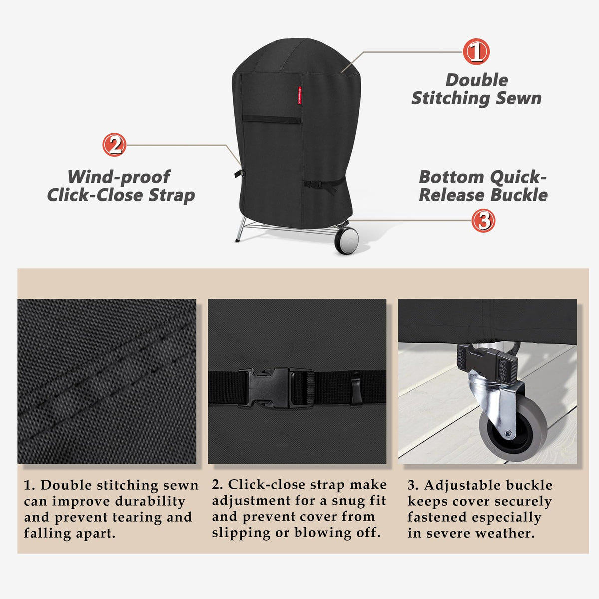 Adjustable click-close straps provide a snug, wind-resistant fit for the kettle.