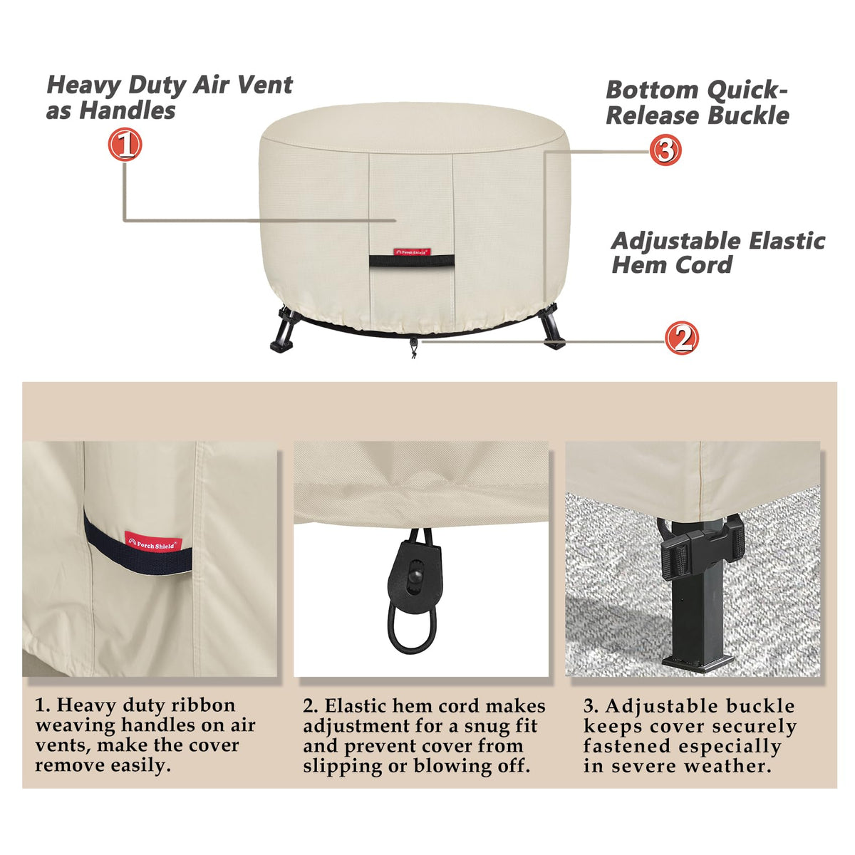 Porch Shield adjustable hem cord system creates a snug fit against wind.