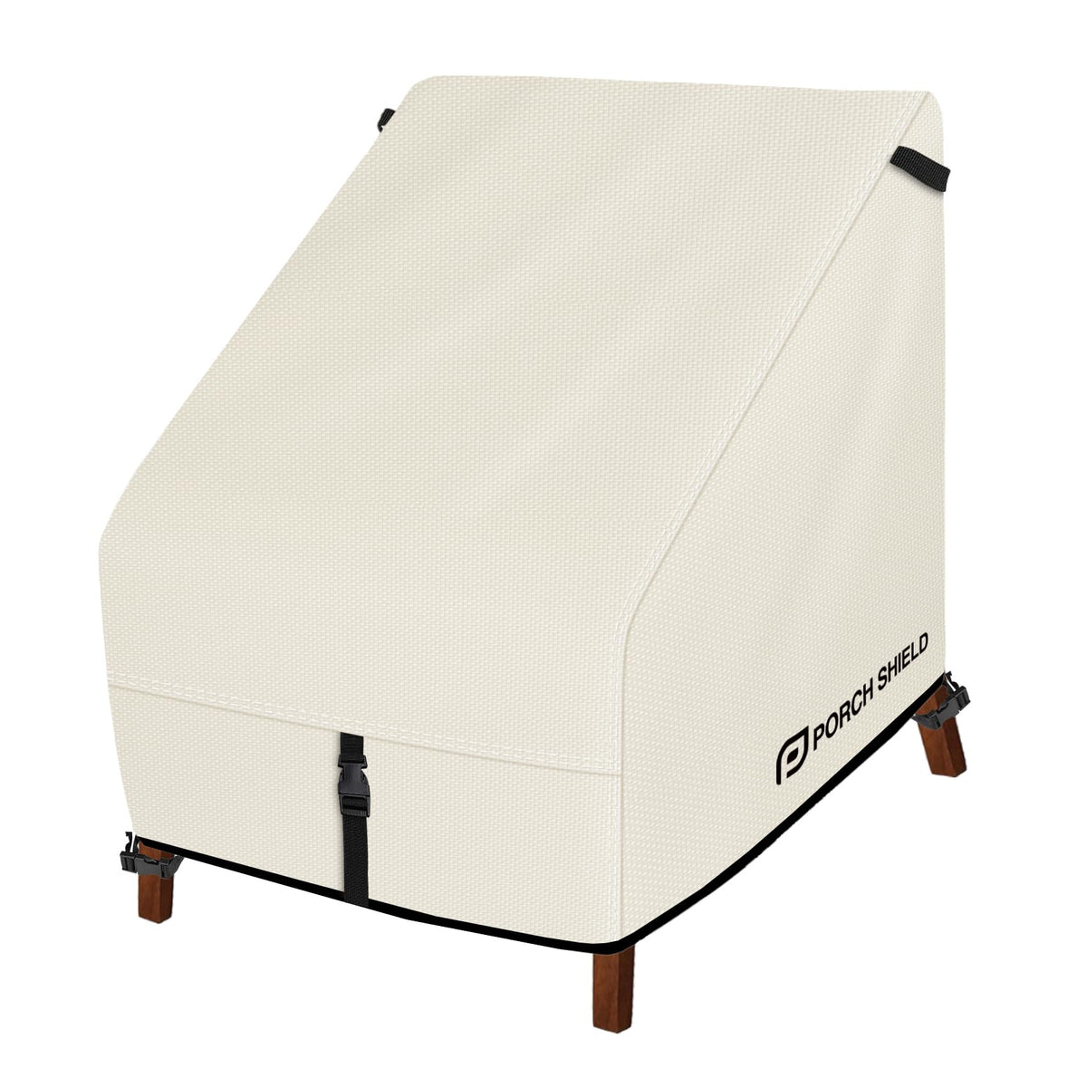 Porch Shield beige chair cover front view showing snug outdoor protection
