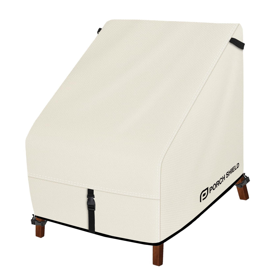 Porch Shield beige chair cover front view showing snug outdoor protection