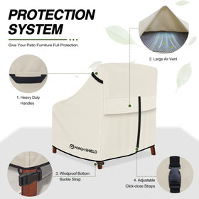 Porch Shield beige chair cover side straps securing high-back chair
