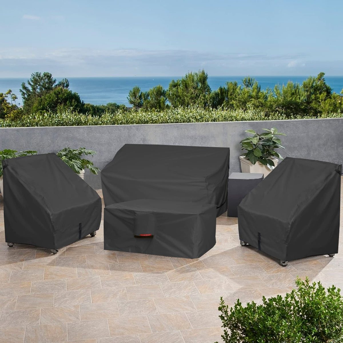 Porch Shield black finish blends with modern patios while offering sturdy protection.
