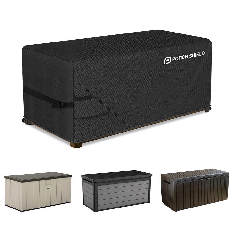 Porch Shield deck box cover front view protects a 150-230 gallon unit from sun and rain