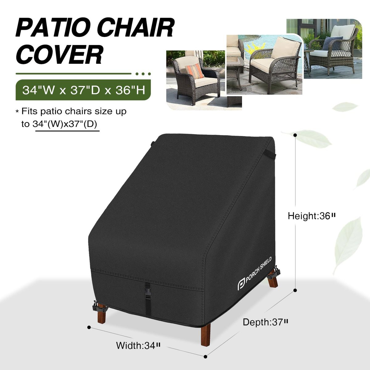 Porch Shield deep seat chair cover back view highlights adjustable straps for wind resistance.