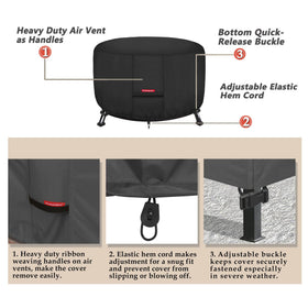Elastic hem cord and secure straps keep the cover in place