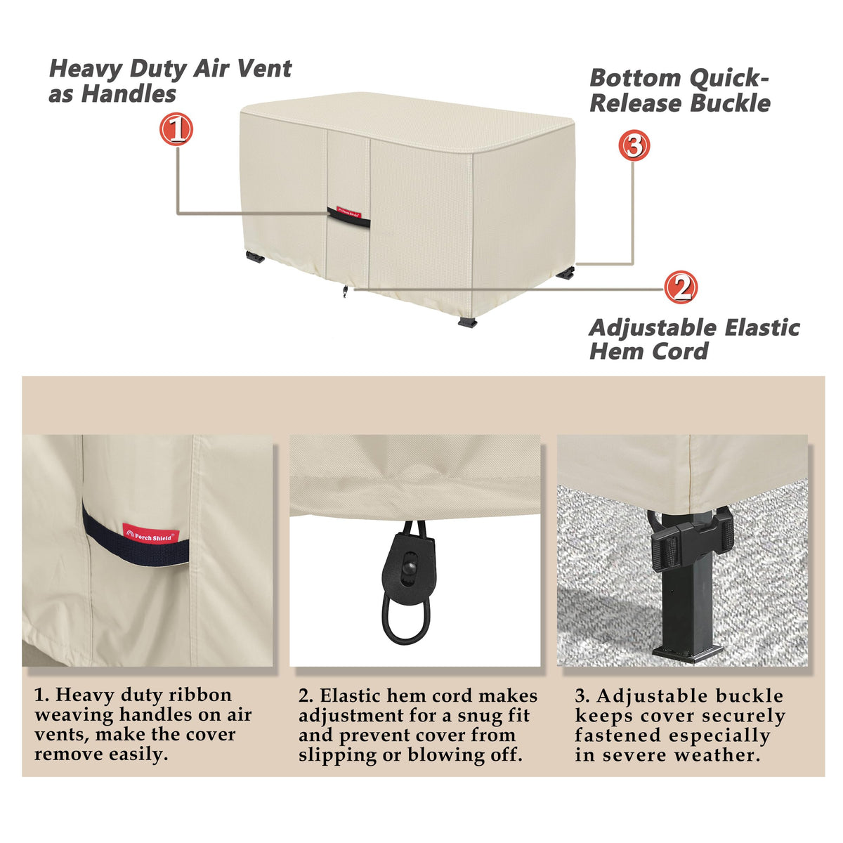 Porch Shield adjustable hem detail secures a snug fit on various fire pits.