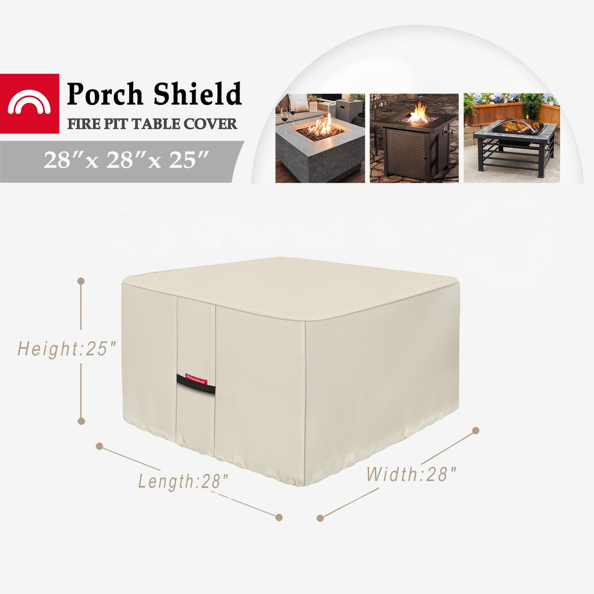 Beige Porch Shield 28x28 fire pit cover fitted on a square table showing size and color