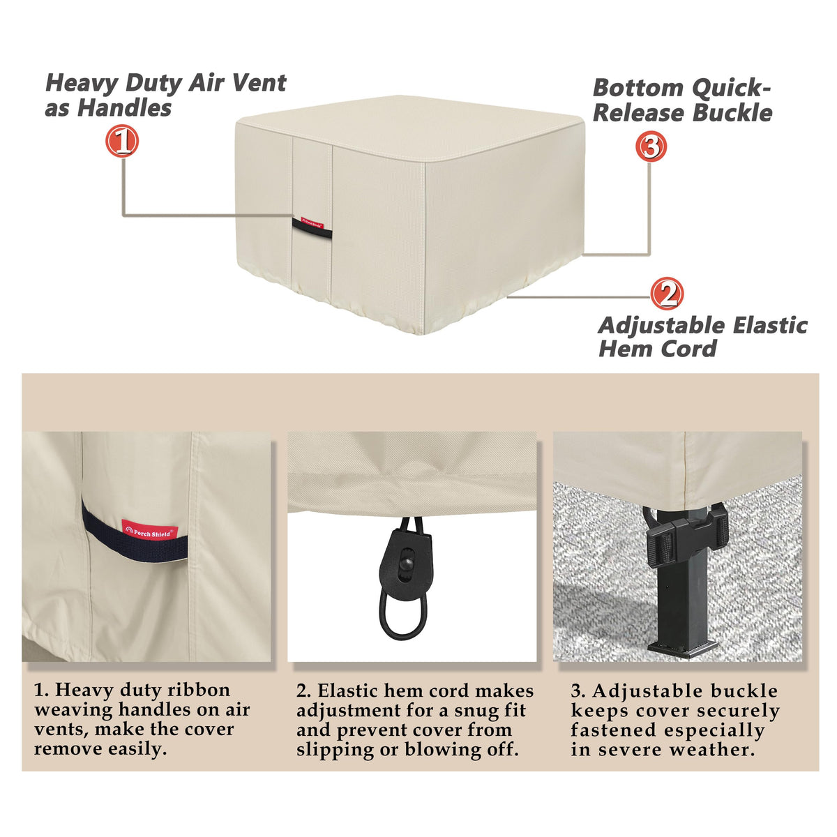 Porch Shield elastic hem cord ensures snug fit against wind.