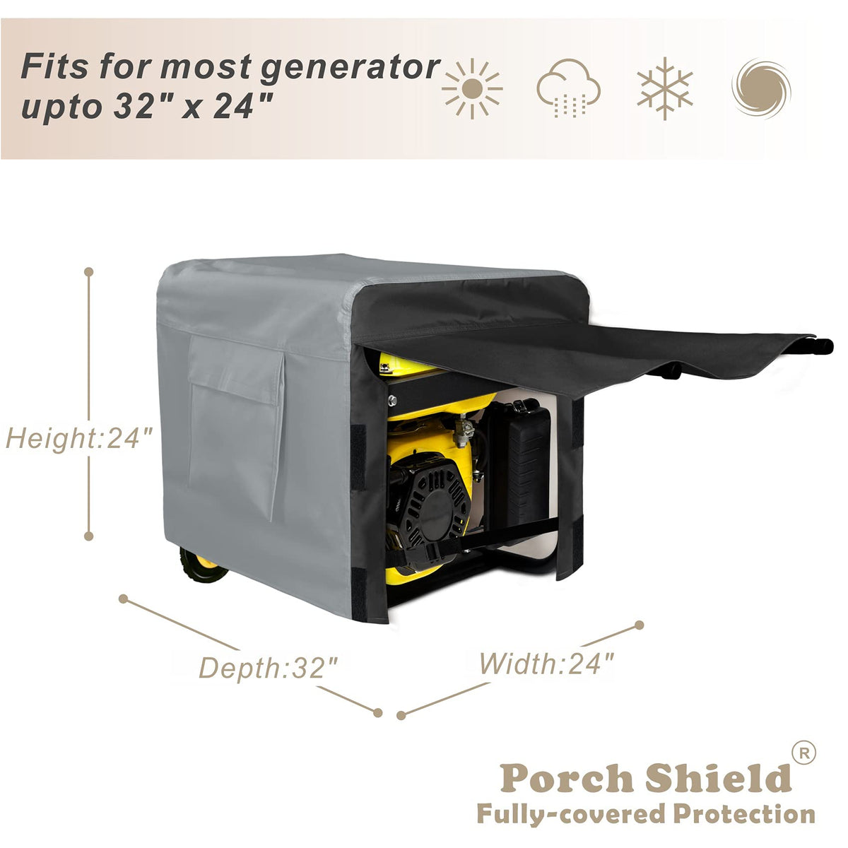 Porch Shield generator cover features waterproof fabric to defend against rain and snow.