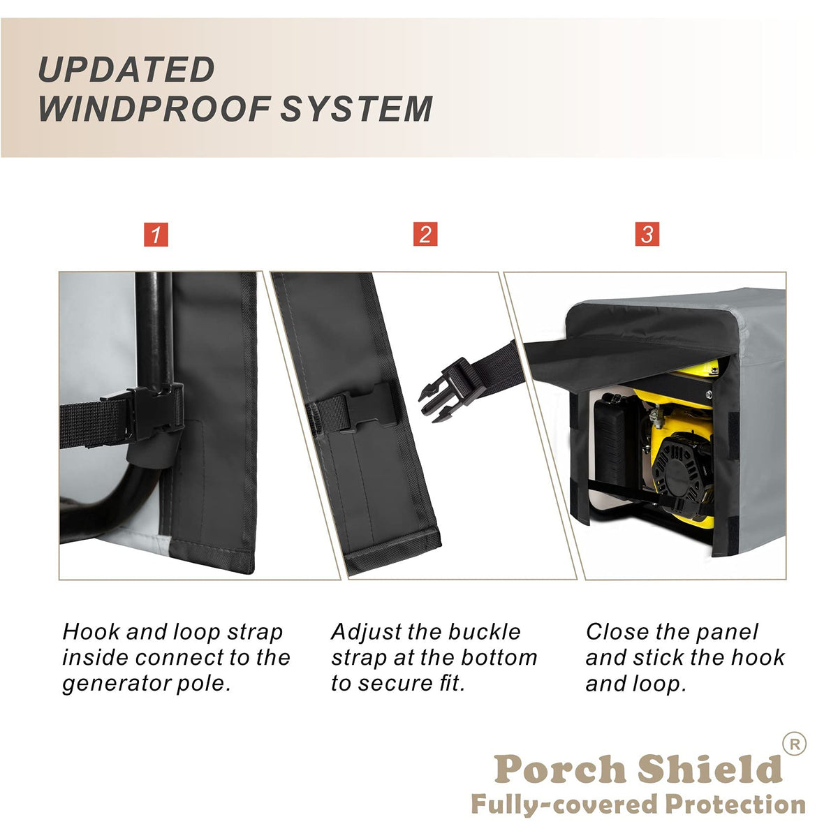 Porch Shield wind-proof-strap ensures snug fit in strong winds.