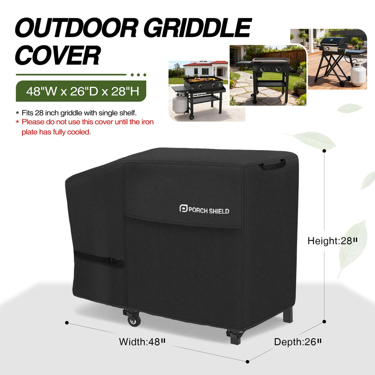 Porch Shield griddle cover fitment on Blackstone 28 with single shelf ensures snug fit