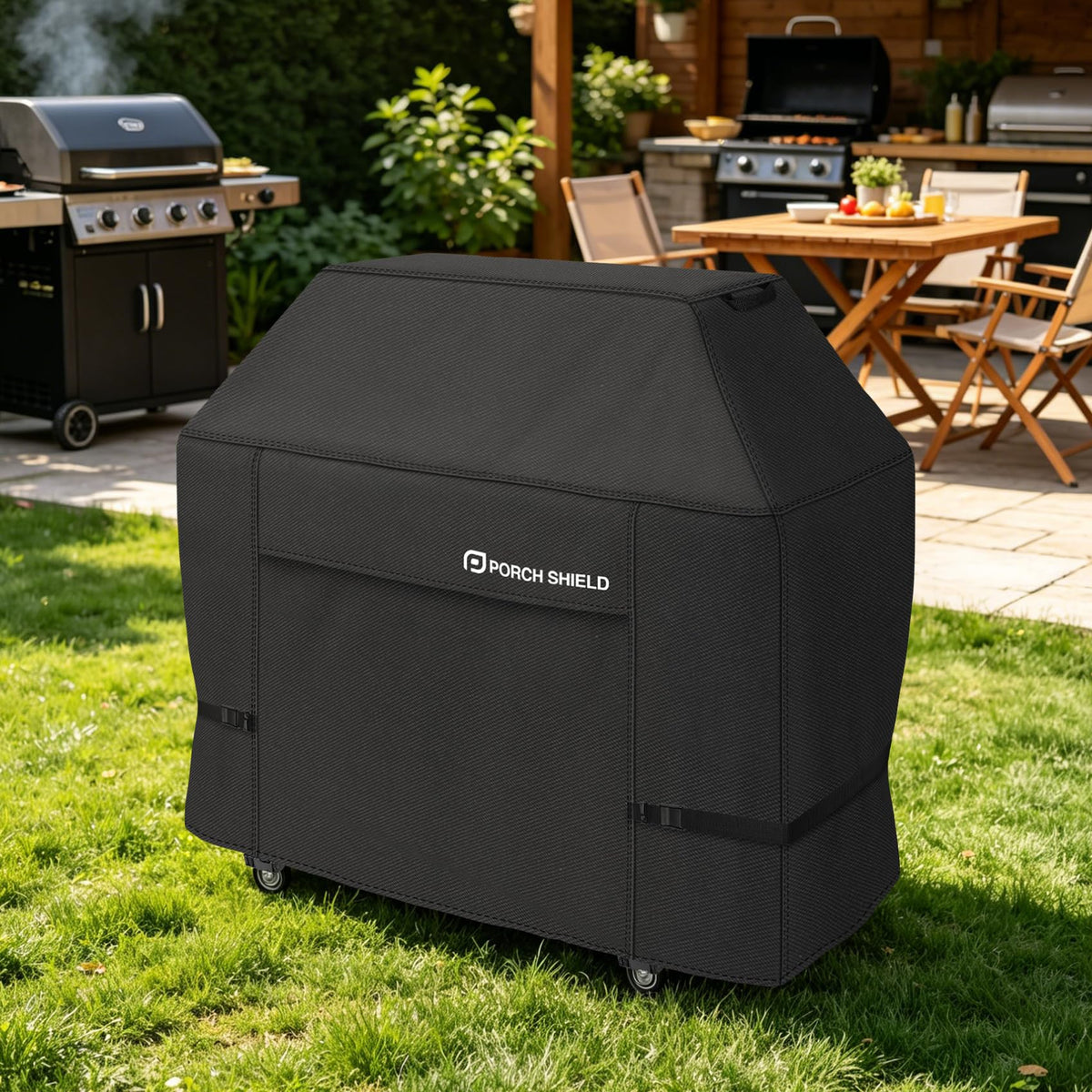 Porch Shield grill cover with heavy-duty handles for quick on/off.