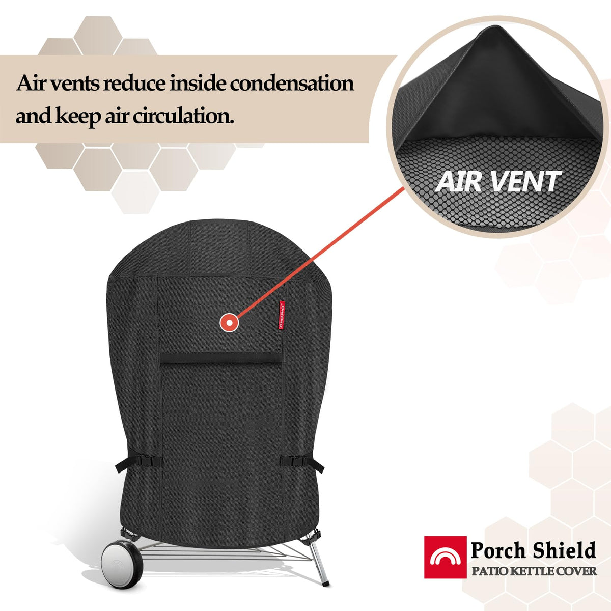 Porch Shield large air vents reduce internal condensation during storage.