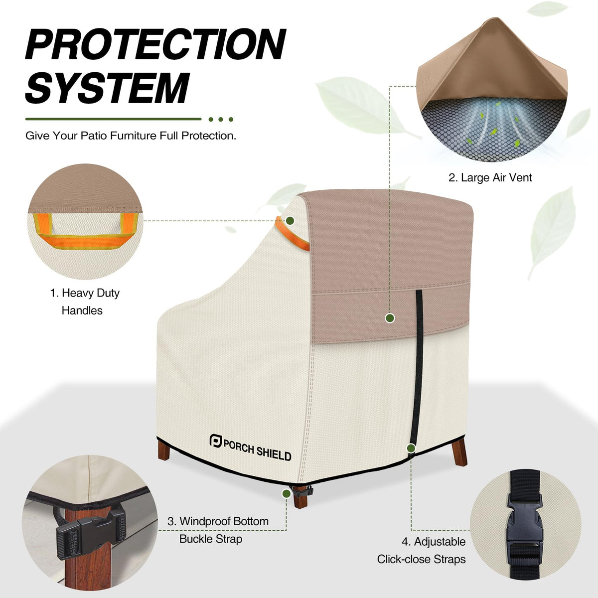 Porch Shield bottom buckles keep the cover secure on windy days.