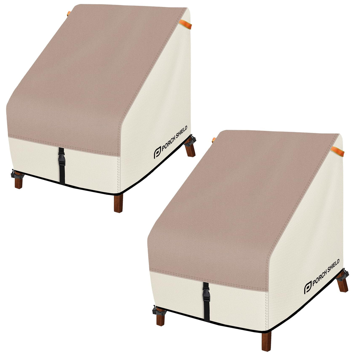 Porch Shield light tan chair cover protecting a high-back chair from rain and sun.