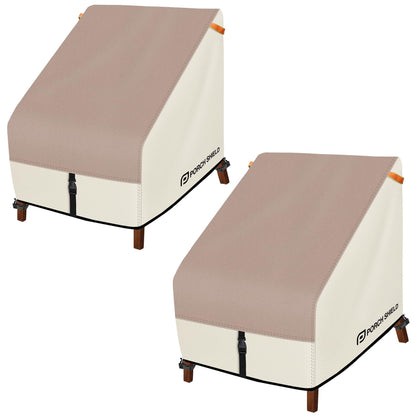 Porch Shield light tan chair cover protecting a high-back chair from rain and sun.