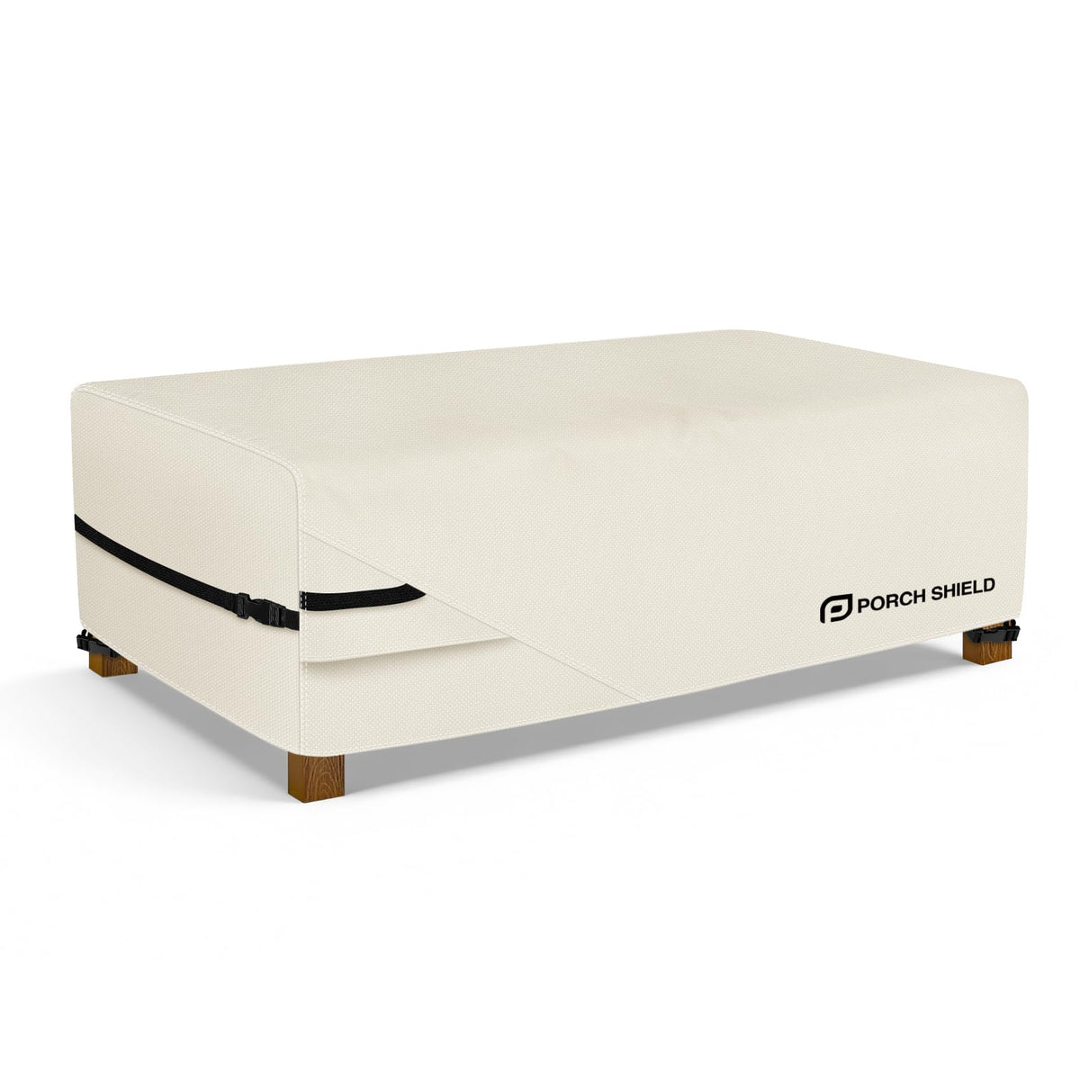 Porch Shield beige coffee table cover protects a 42x24 inch table and blends with outdoor decor