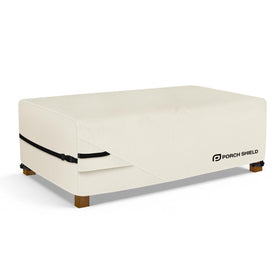 Porch Shield beige coffee table cover protects a 42x24 inch table and blends with outdoor decor