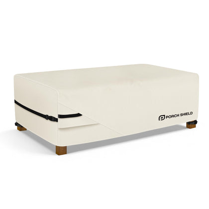 Porch Shield beige coffee table cover protects a 42x24 inch table and blends with outdoor decor