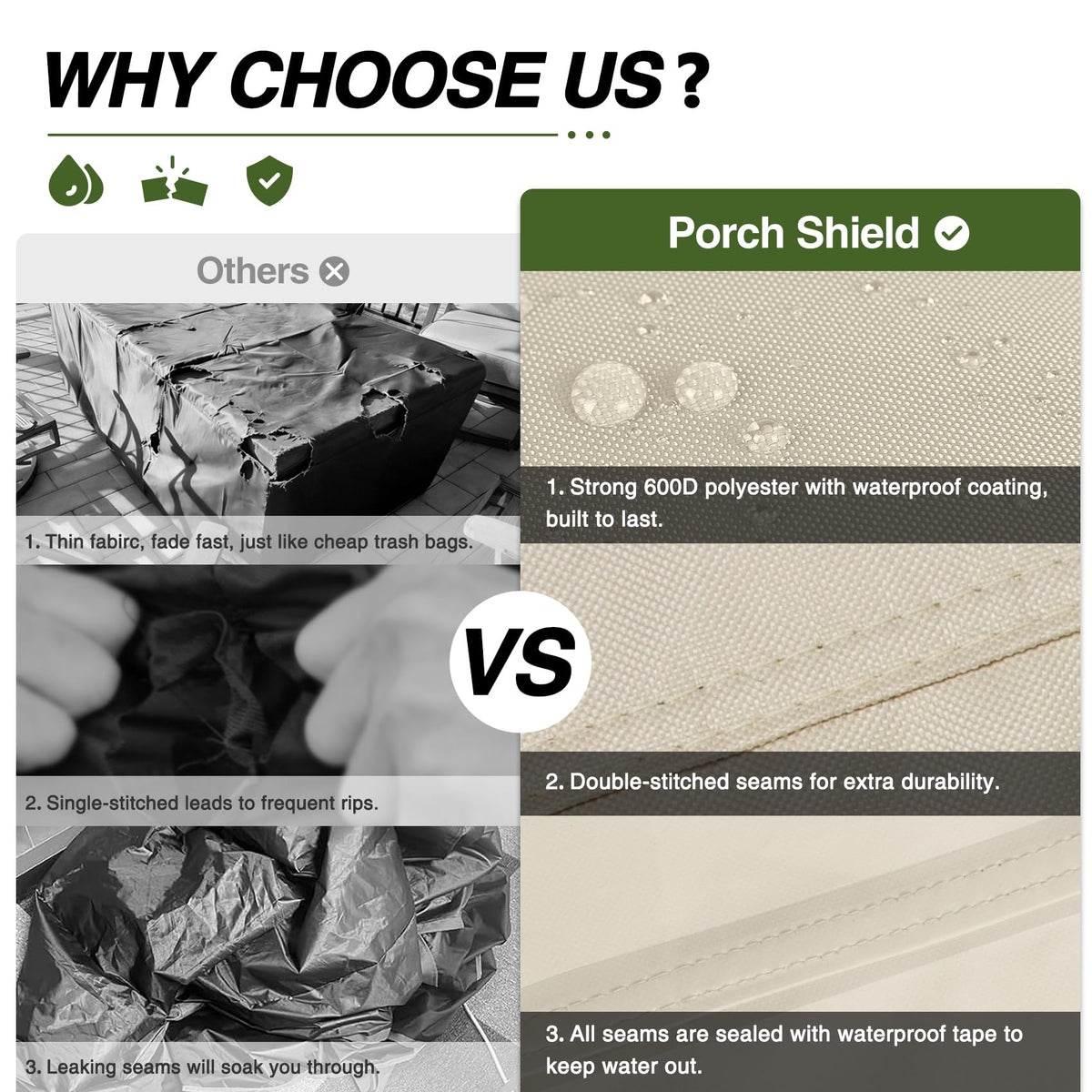 Porch Shield sealed seams demonstrating durability against wind and rain