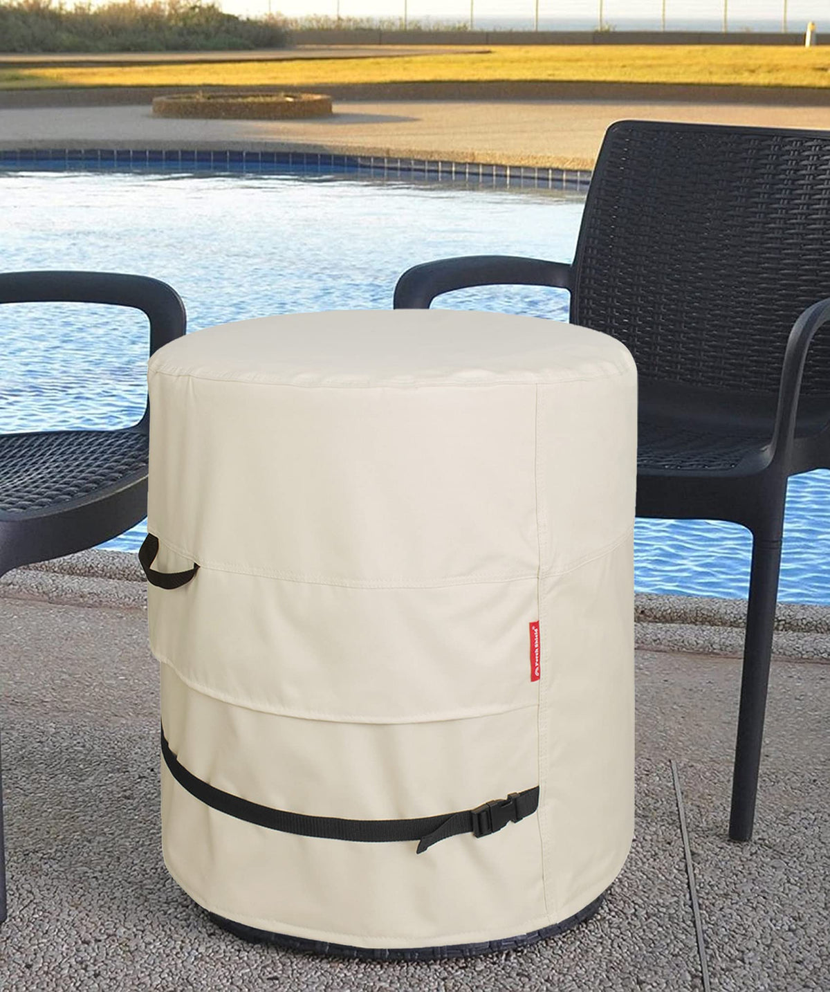 Porch Shield bottom strap secures cover during strong winds