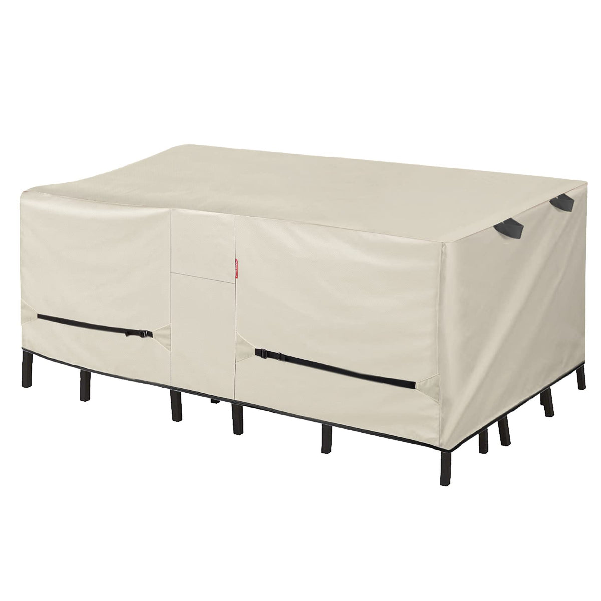 Porch Shield patio table cover shields a beige rectangular set from rain and sun