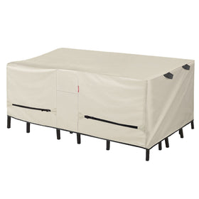 Porch Shield patio table cover shields a beige rectangular set from rain and sun