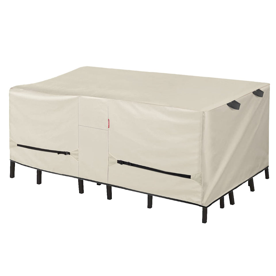 Porch Shield patio table cover shields a beige rectangular set from rain and sun