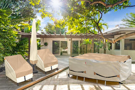 Porch Shield cover fitting a 125 by 73 inch rectangular table and chairs.