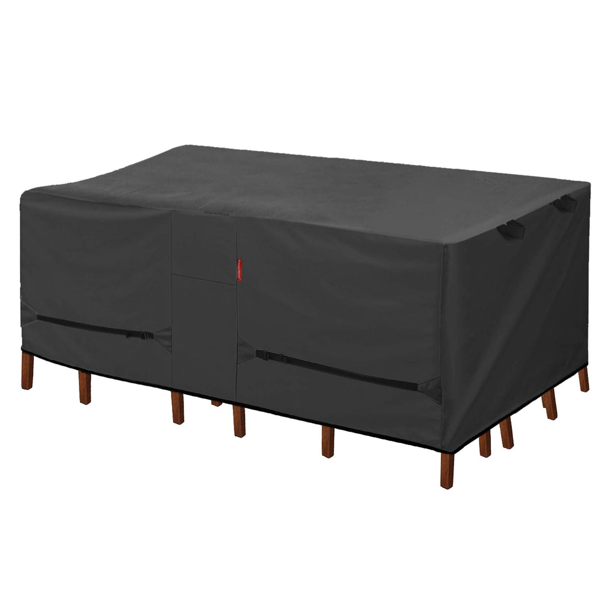 Porch Shield patio table cover setup protects outdoor furniture from rain and dust.