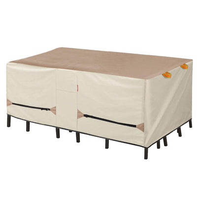 Porch Shield patio table cover protecting a rectangular table from rain and sun
