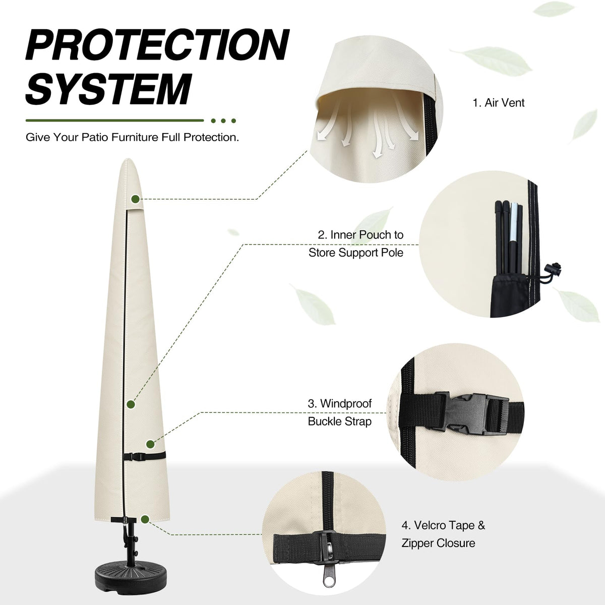 Porch Shield sealed stitched umbrella cover prevents wear from wind, rain, and dust.