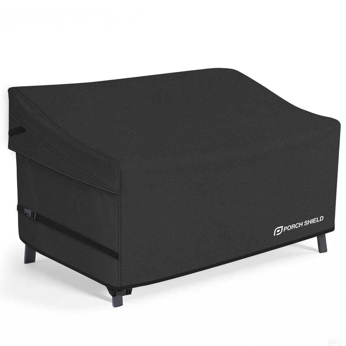 Porch Shield sofa cover protects a 60W x 35D x 35H loveseat from rain and sun.