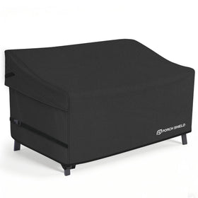 Porch Shield sofa cover protects a 60W x 35D x 35H loveseat from rain and sun.
