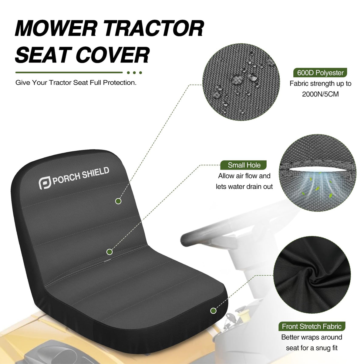 Porch Shield 600D polyester with waterproof coating for outdoor use.