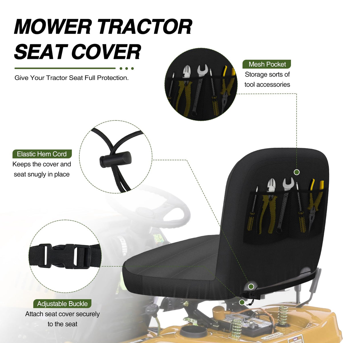 Porch Shield fits seat backs 12-15 inches on many tractors.