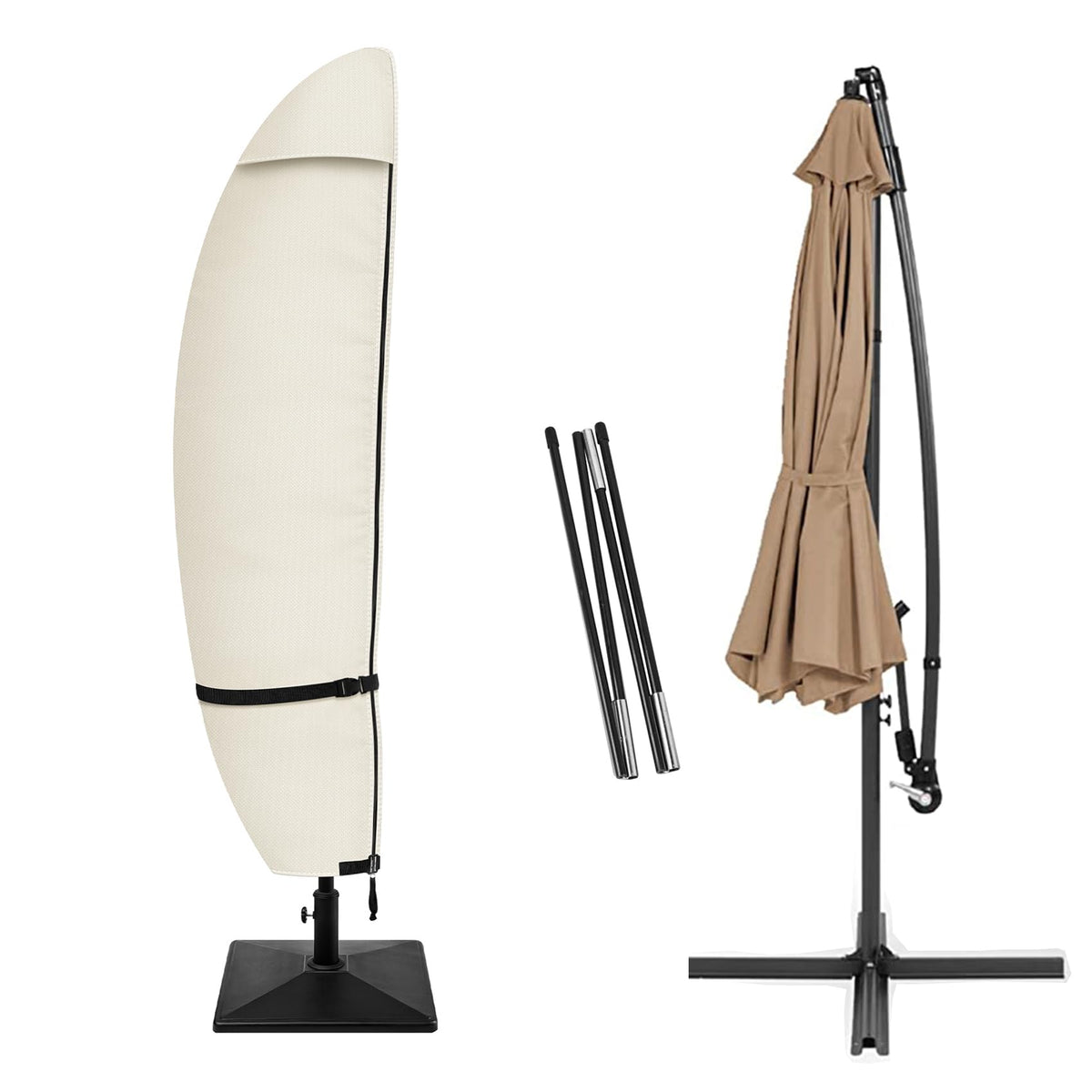 Porch Shield umbrella cover in waterproof fabric protecting a cantilever umbrella from rain.