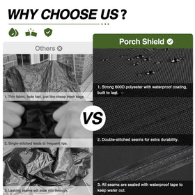 Porch Shield waterproof 600D polyester resists moisture for outdoor use.