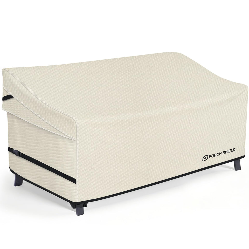 Porch Shield front view beige sofa cover protects against sun and rain