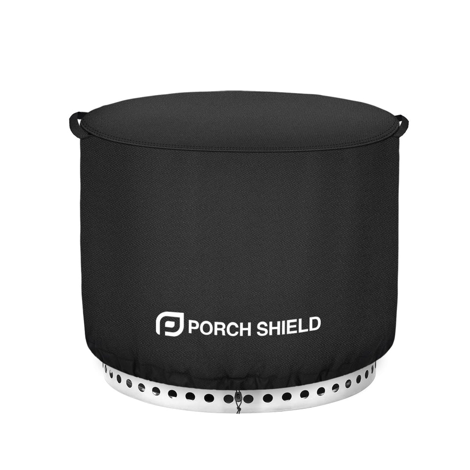 Porch Shield Yukon cover over a 32-inch round fire pit providing full outdoor protection.