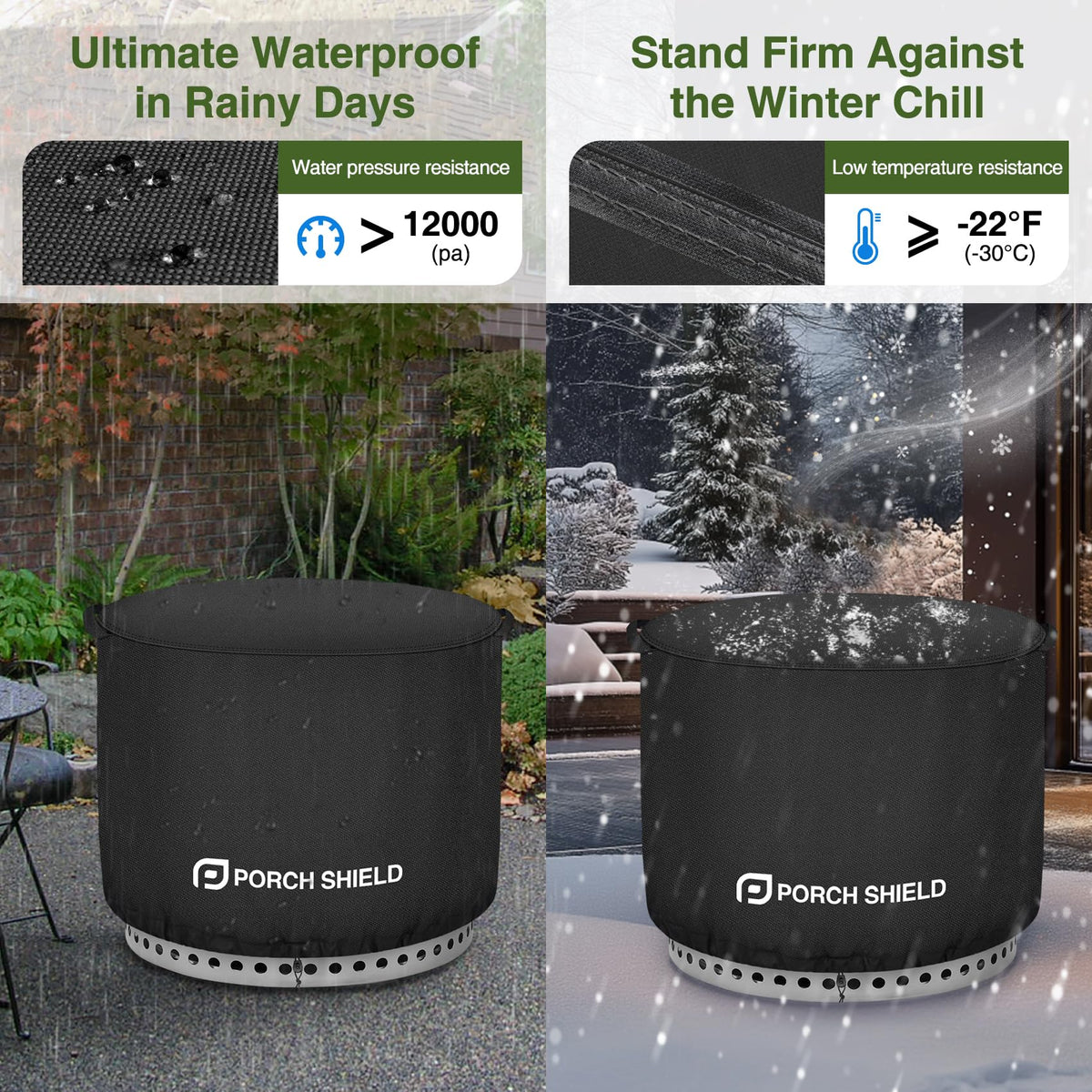 Porch Shield Yukon elastic hem cord securing a snug fit around a fire pit.