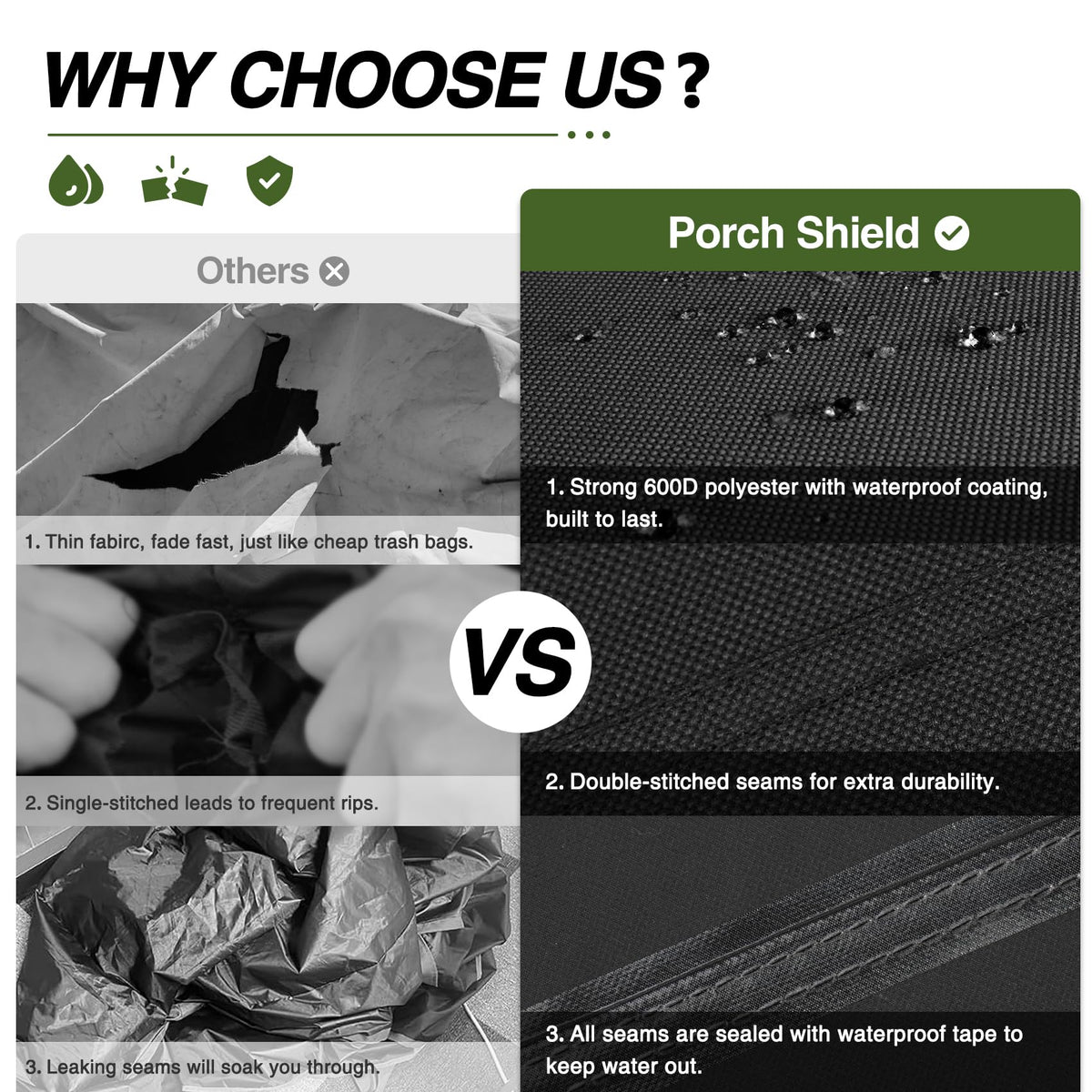 Porch Shield Yukon fabric with UV fade-resistant treatment for long-lasting color.