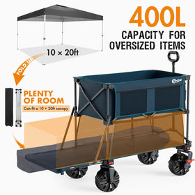 Portal wagon with 7.5-inch all-terrain wheels and brakes for stable outdoor transport.