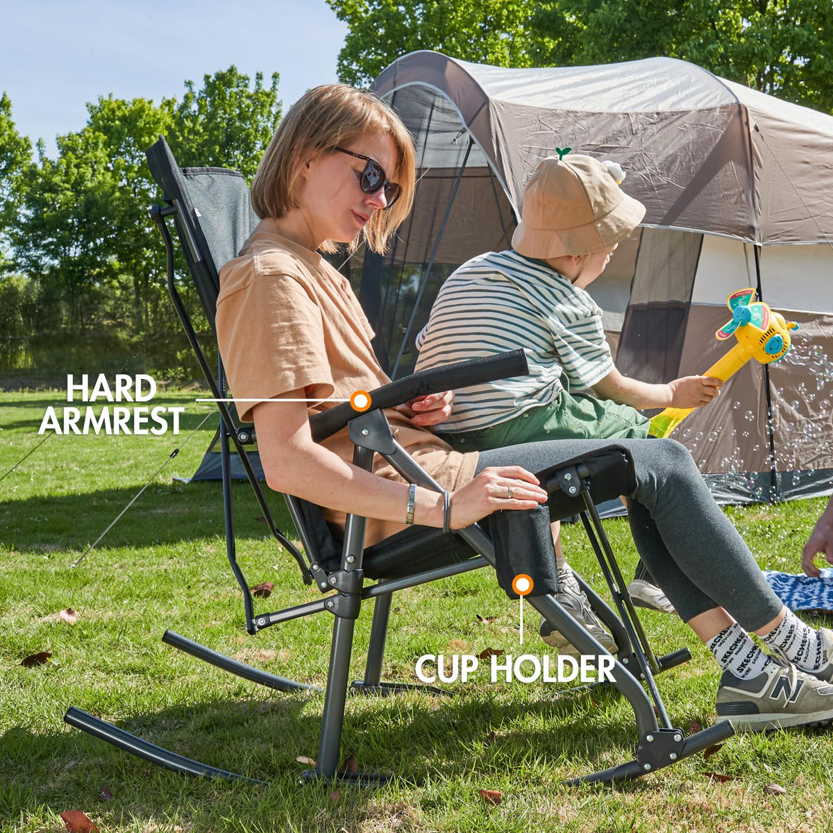 Portal folding rocker ready in seconds for portable comfort.