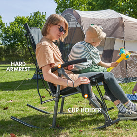 Portal folding rocker ready in seconds for portable comfort.