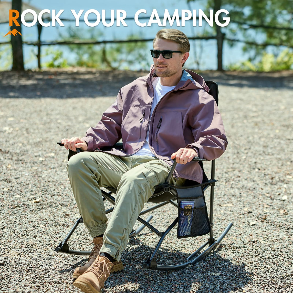 Portal Outdoor Rocking Chair cup holder keeps beverage secure outdoors