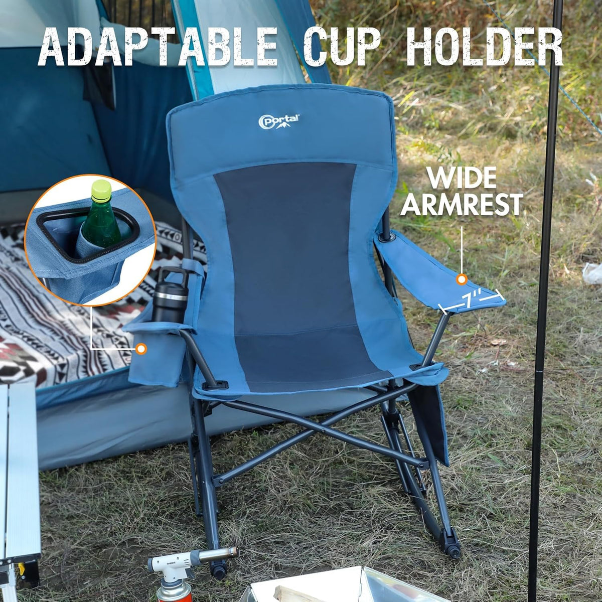 Portal rocking chair with 24-inch backrest, side pocket and cup holder for convenient storage.