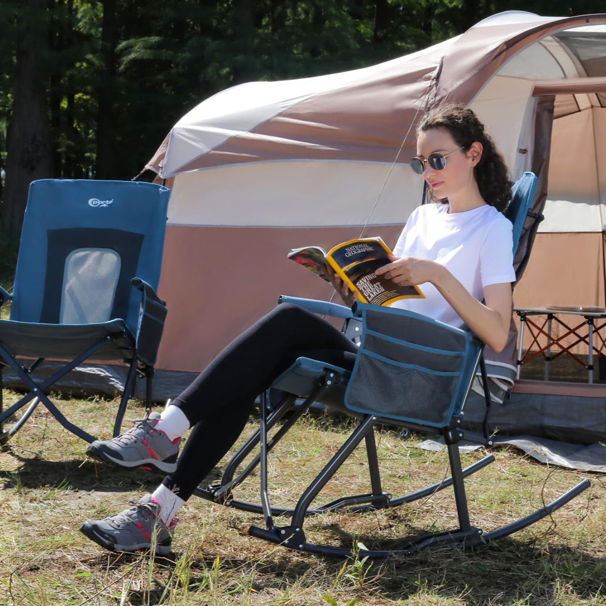 Portal chair suitable for backyard, campsite, or park lounging.